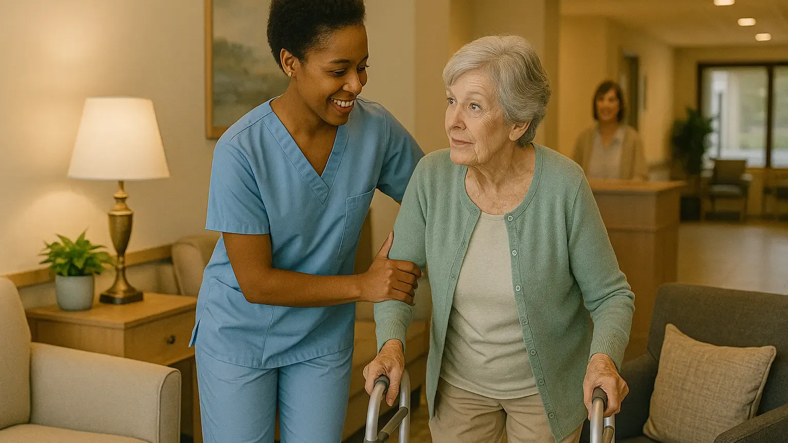Residential care staff supporting residents in an assisted-living common room.